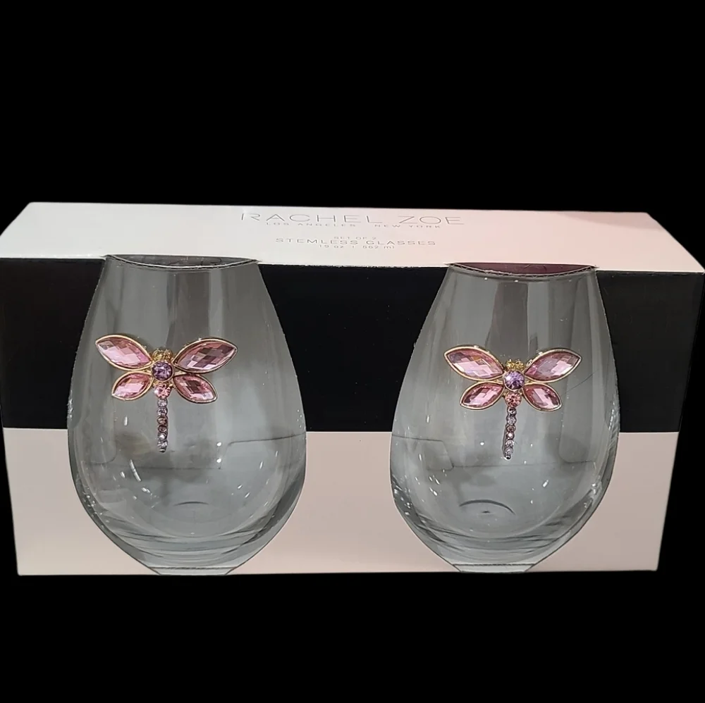 Rachel Zoe Pink Purple Jeweled Rhinestone Lucky Dragonfly Stemless Wine Glasses
